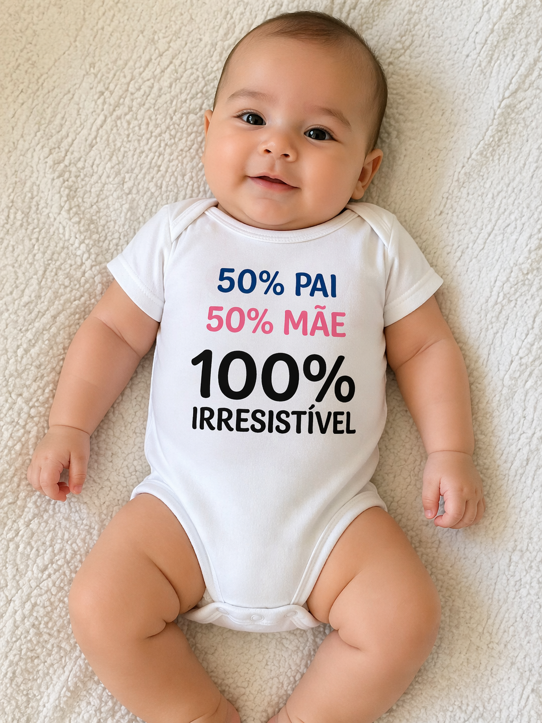 Bebé deitado com body branco escrito 50% PAI 50% MÃE 100% IRRESISTÍVEL