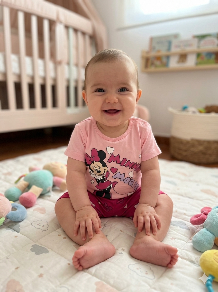 Bebé sorridente com roupa rosa de Minnie Mouse sentado em tapete almofadado com berço branco e brinquedos ao fundo.
