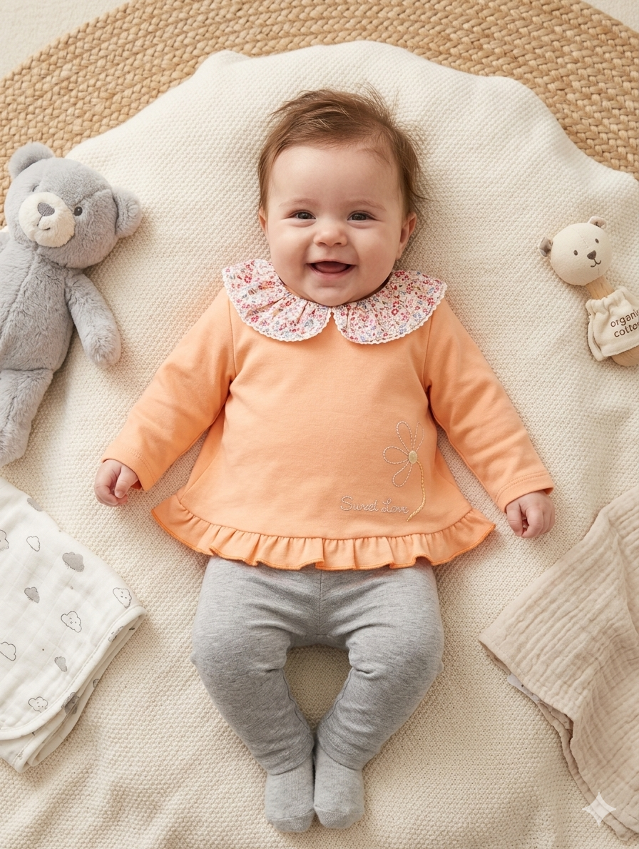 Bebé sorridente deitado com roupa laranja e cinzenta, com peluches ao lado
