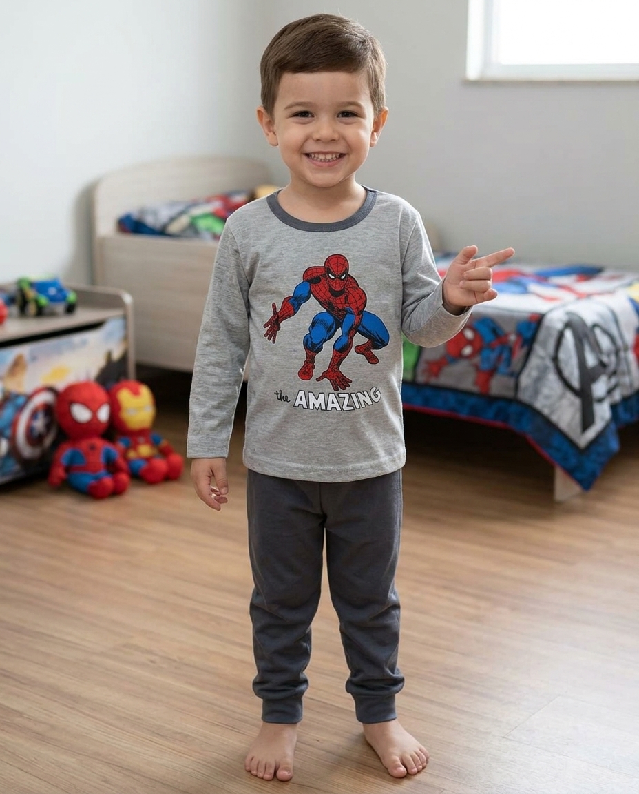Menino vestido com pijama cinzento do Homem-Aranha em quarto infantil