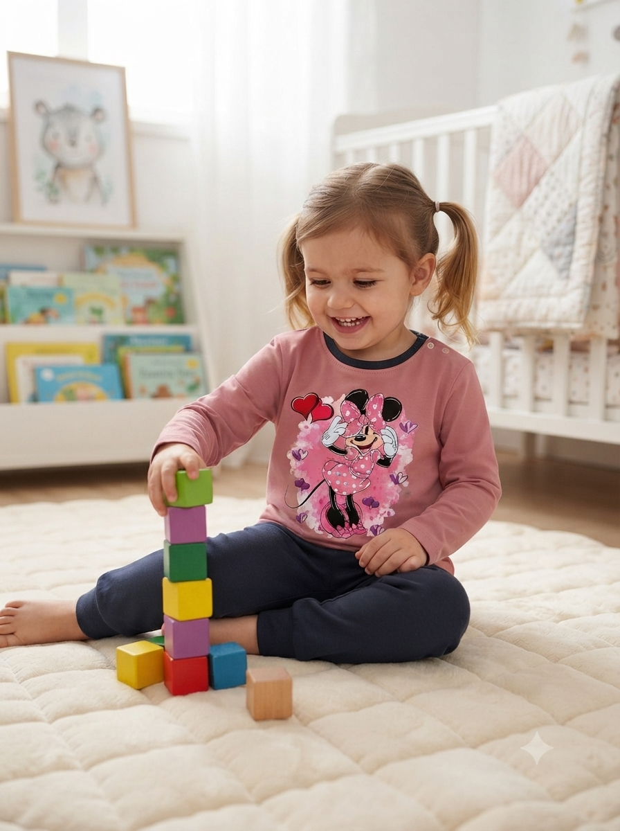 Criança vestindo camisola rosa com estampa da Minnie e calças azuis brincando com blocos coloridos num quarto infantil