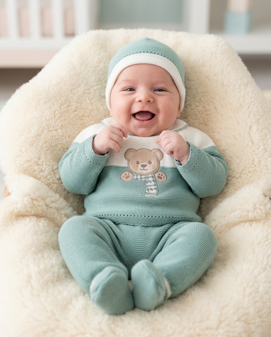 Bebé sorridente com fato e gorro verdes e brancos sentado em almofada macia creme