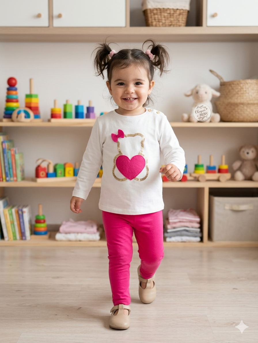 Camisola branca com design de ursinho e coração rosa, leggings rosa e sapatos bege em criança, ambiente lúdico com brinquedos.