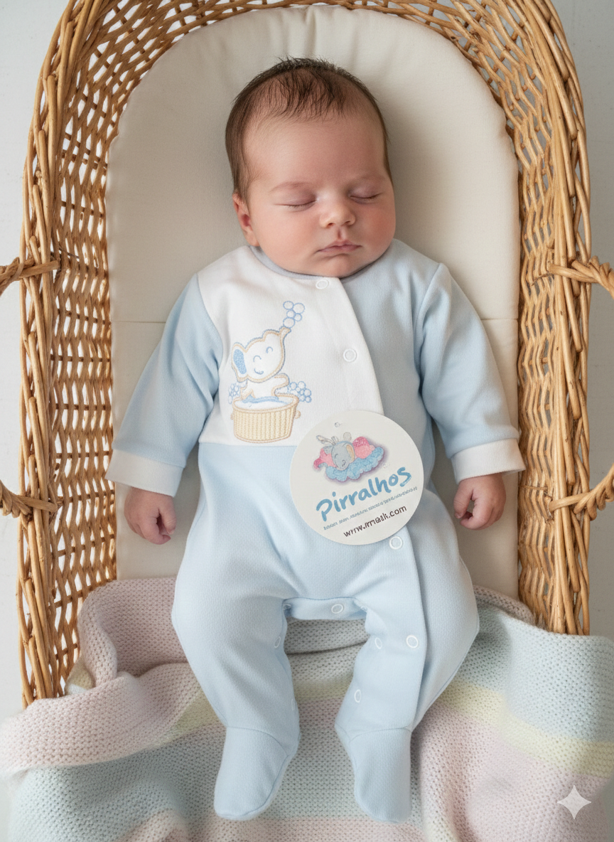 Bebé a dormir numa cesta de vime vestido com pijama azul claro e branco com desenho de elefante.