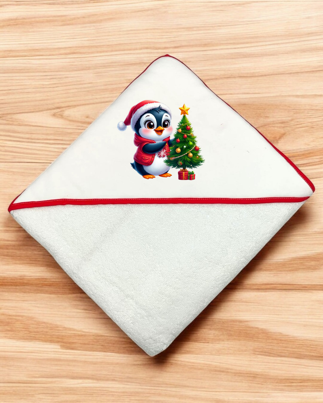 Toalha branca com borda vermelha e desenho de pinguim natalício junto a árvore de Natal