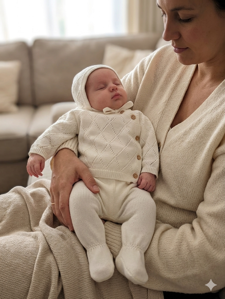Bebé vestido com roupa de malha creme ao colo de mulher com camisola creme no interior de casa
