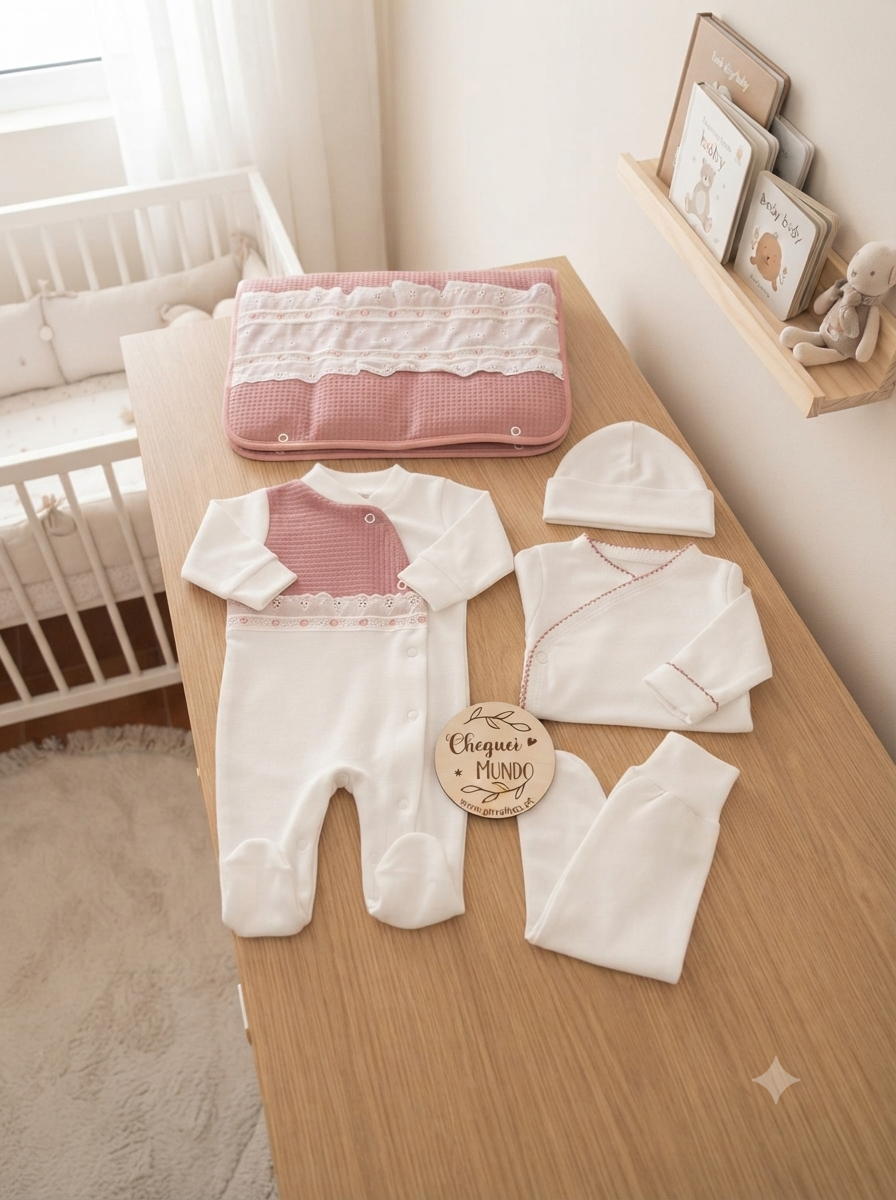 Conjunto de roupa de bebé creme e rosa com renda e manta acolchoada numa mesa de madeira ao lado de um berço e estante infantil