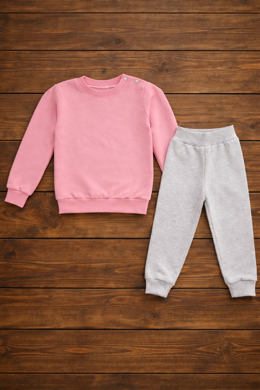 Conjunto de camisola rosa e calças cinza clara para bebé sobre madeira