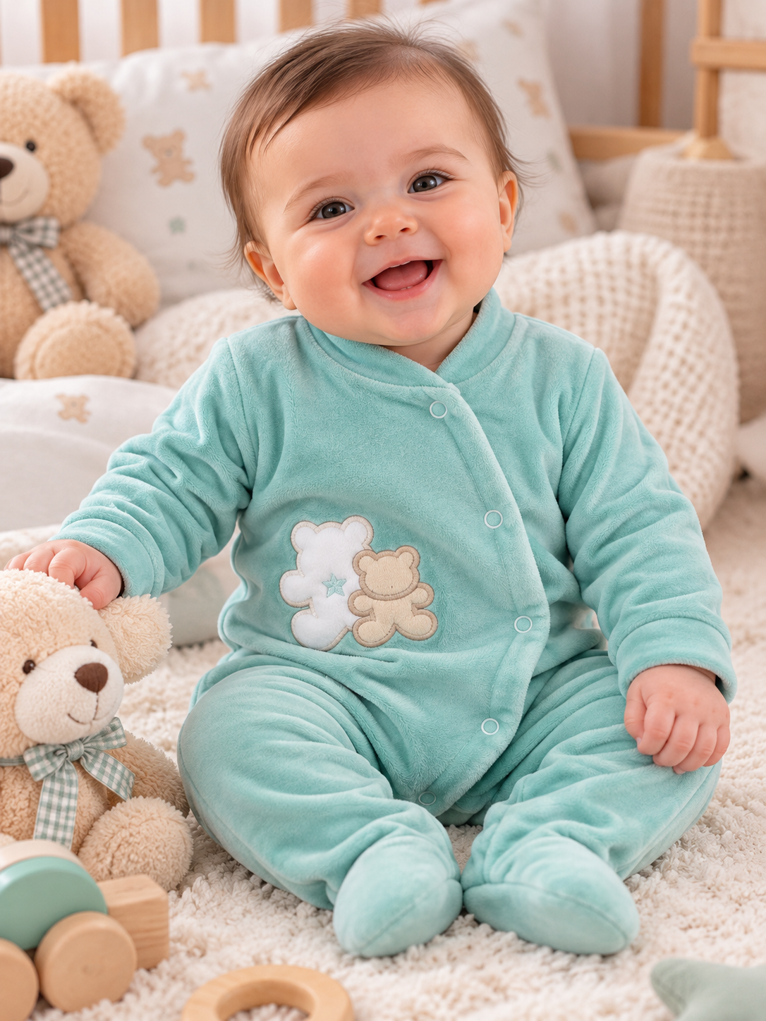 Bebé sorridente com babygrow verde-água com ursinhos, sentado no tapete com brinquedos e almofadas de ursinhos