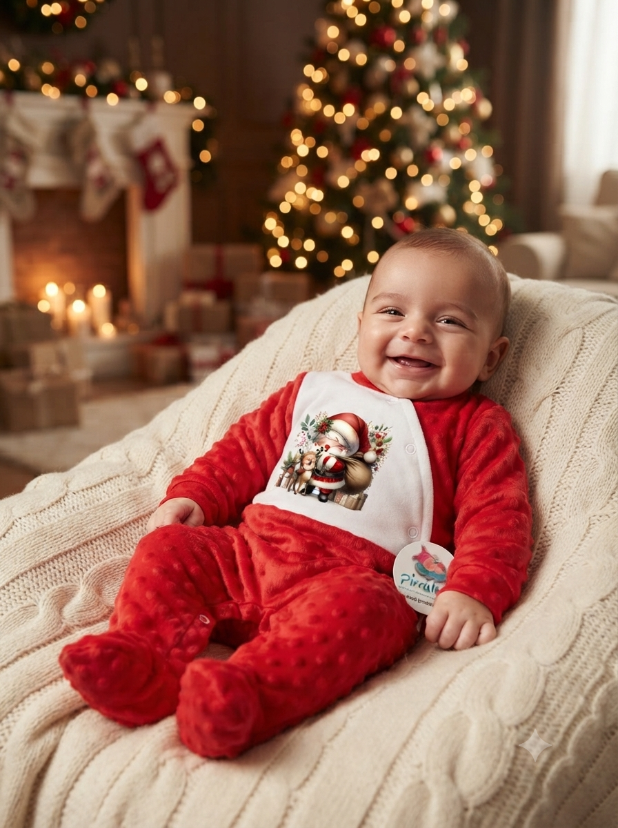 Bebé de pijama vermelho aveludado com estampa de Pai Natal, sorridente num cobertor creme com decoração de Natal ao fundo