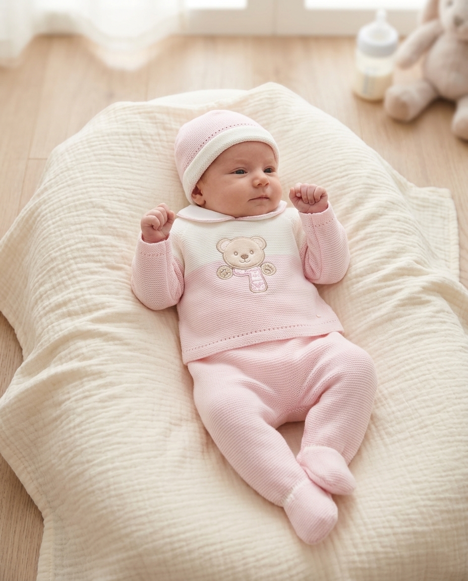 Bebé deitado em almofada creme com roupa de malha rosa e branca e gorro rosa
