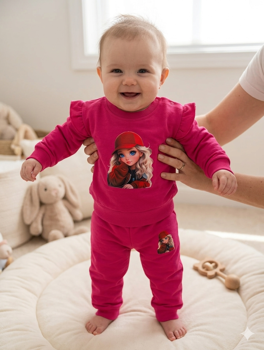 Roupa de bebé rosa com estampa de rapariga de boné vermelho