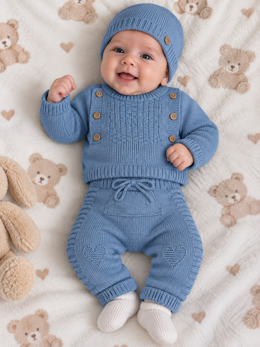 Bebé com roupa de malha azul e gorro deitado em cobertor branco com padrão de ursinhos