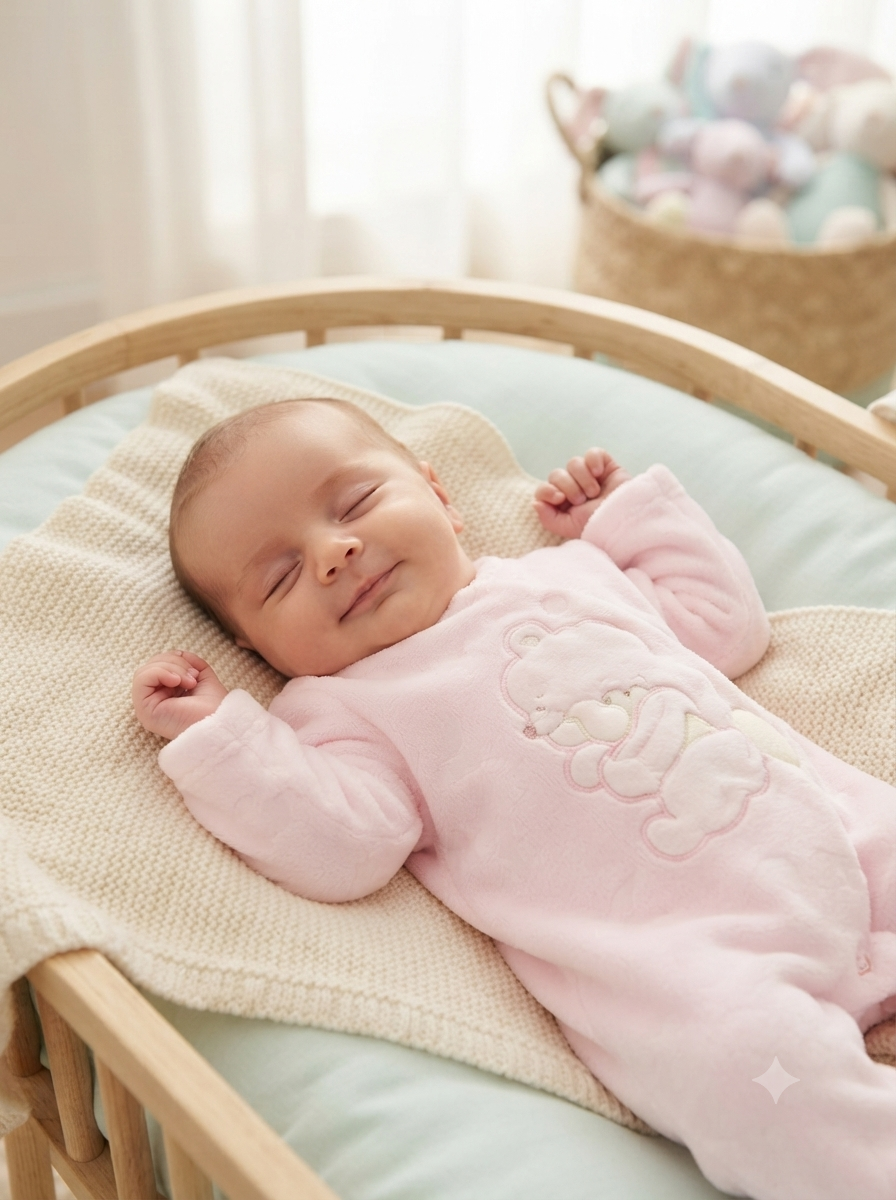 Bebé de pijama rosa de veludo deitado num berço de madeira clara com cobertor bege