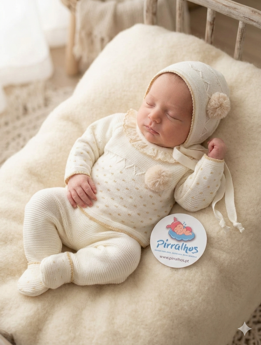 Bebé deitado com roupa de malha bege com detalhes dourados e gorro com pompons