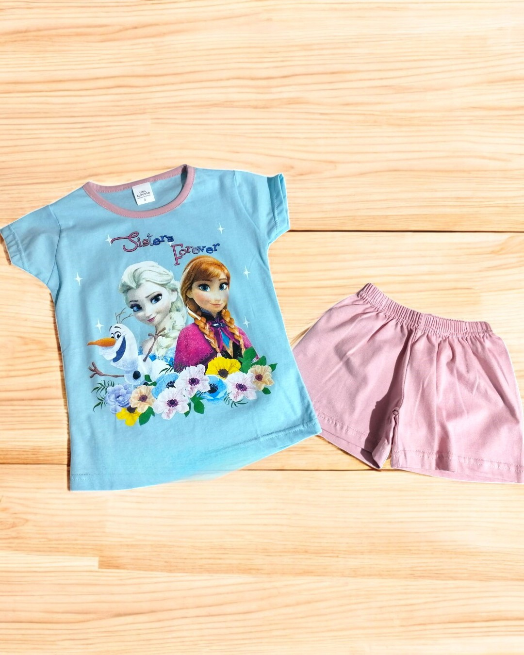 Conjunto infantil Frozen com t-shirt azul e calções rosa