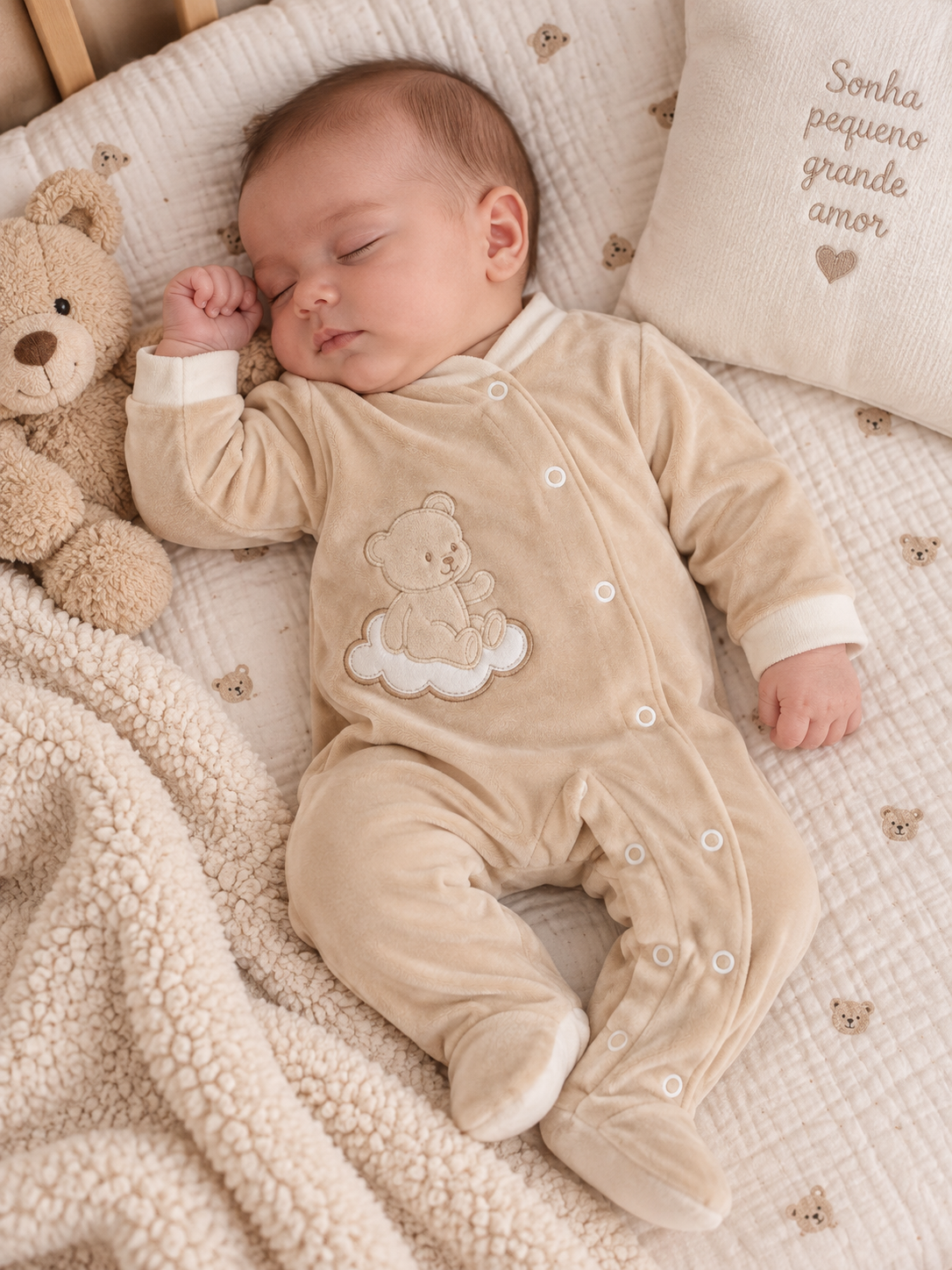 Bebé a dormir vestido com fato de veludo bege, cobertor e almofada com texto, lençol com padrão de ursinhos.