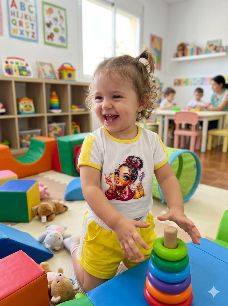 Criança brincando com brinquedo empilhável de argolas coloridas numa sala de aula colorida