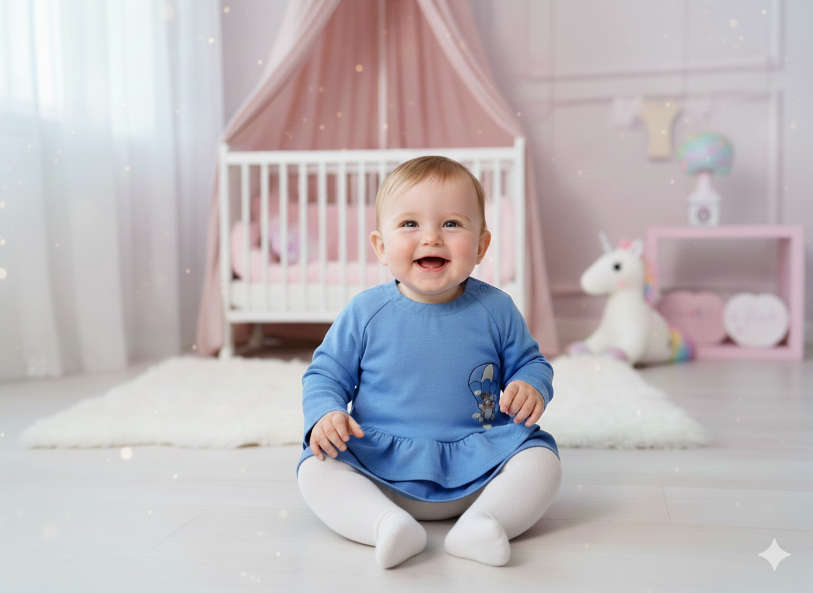 Bebé sorridente com vestido azul e collants brancos sentado em quarto de bebé com berço e decoração em tons pastel