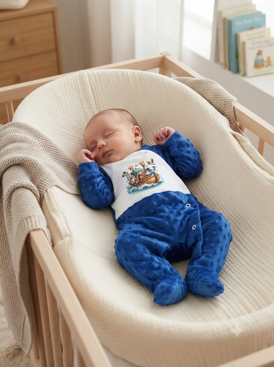 Bebé de macacão azul com estampado a dormir em berço de madeira com colchão creme e manta bege