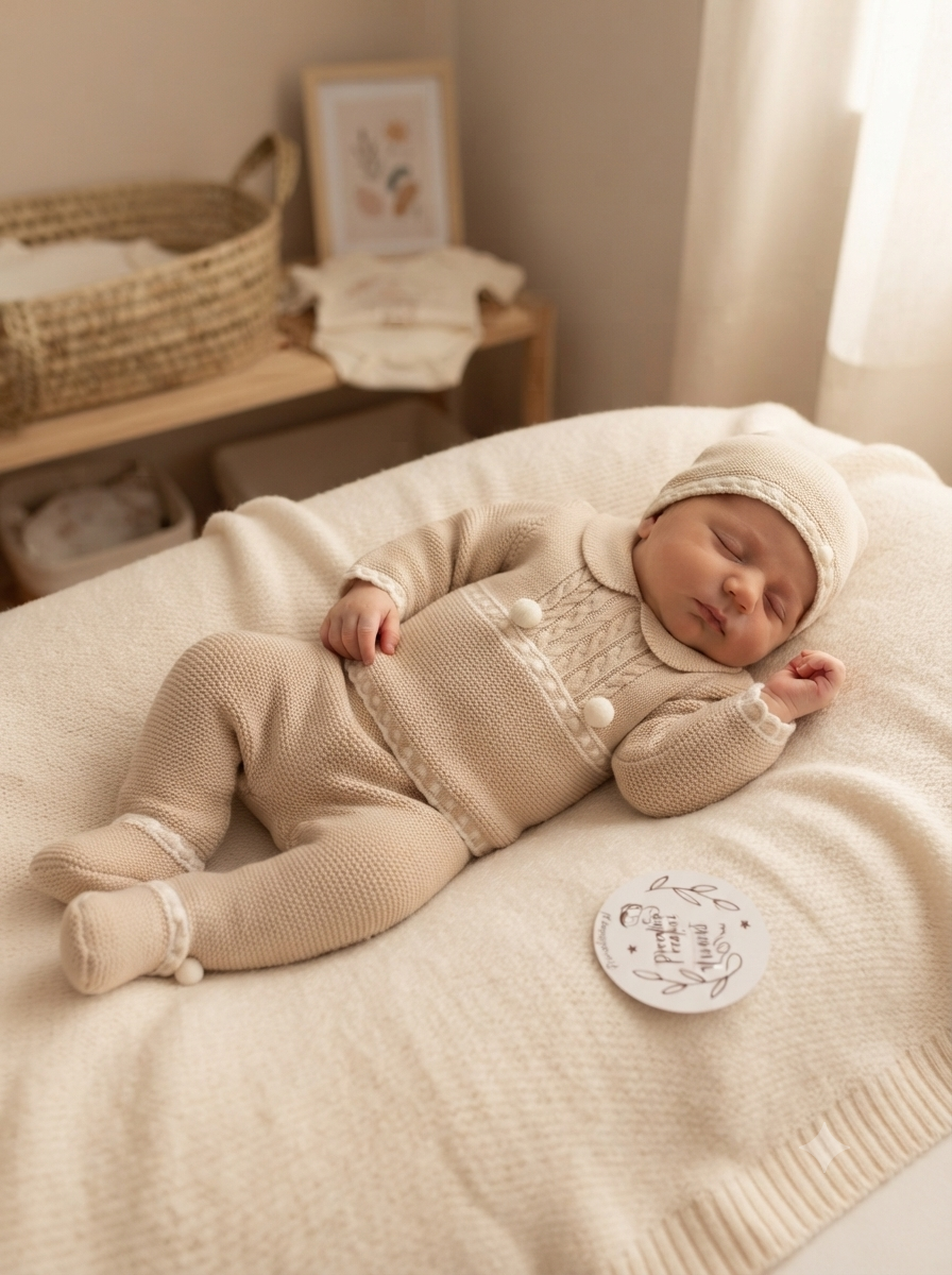 Bebé vestido com fato de lã bege e touca a dormir sobre manta bege com etiqueta redonda