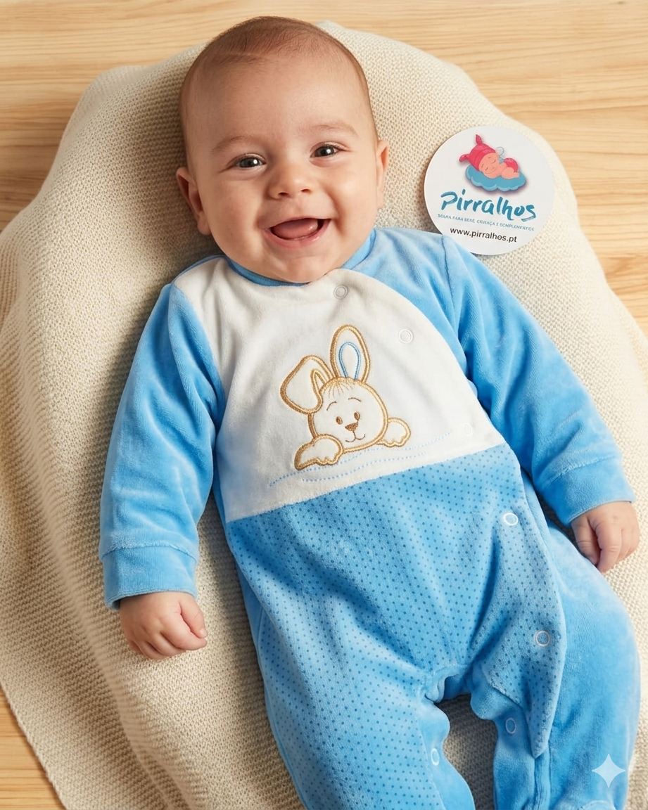 Macacão de bebé azul e branco com bordado de coelho, bebé sorridente deitado numa almofada bege