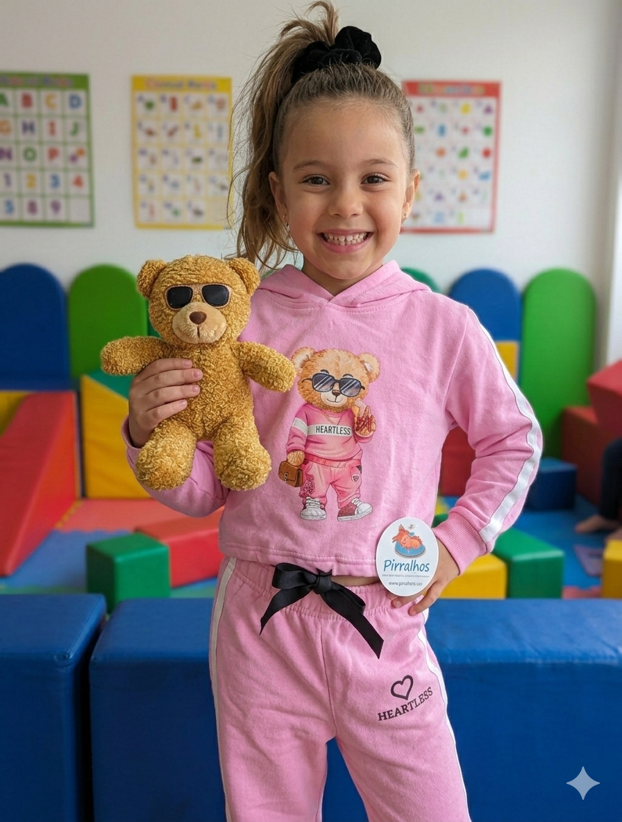 Menina sorridente veste fato de treino rosa com estampa de urso e segura urso de peluche castanho com óculos escuros