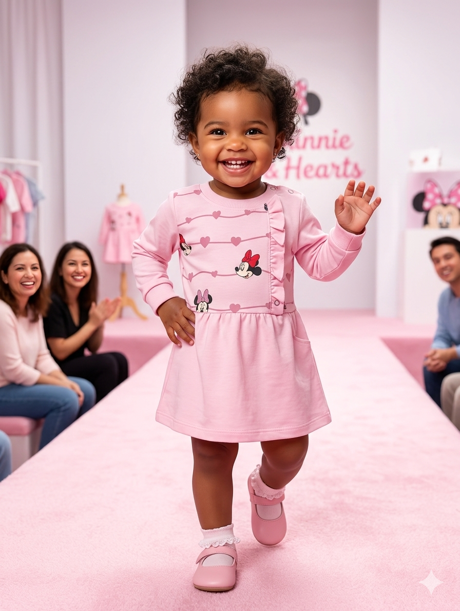 Menina com vestido rosa Minnie Mouse a andar numa passarela cor de rosa em ambiente claro.