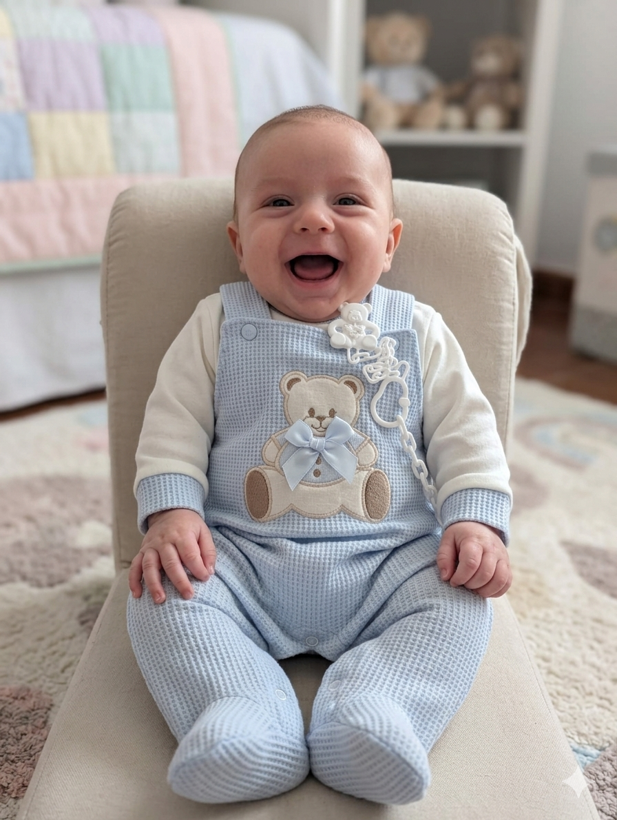 Bebé sorridente vestido com fato azul claro e camisa branca sentado numa cadeira bege