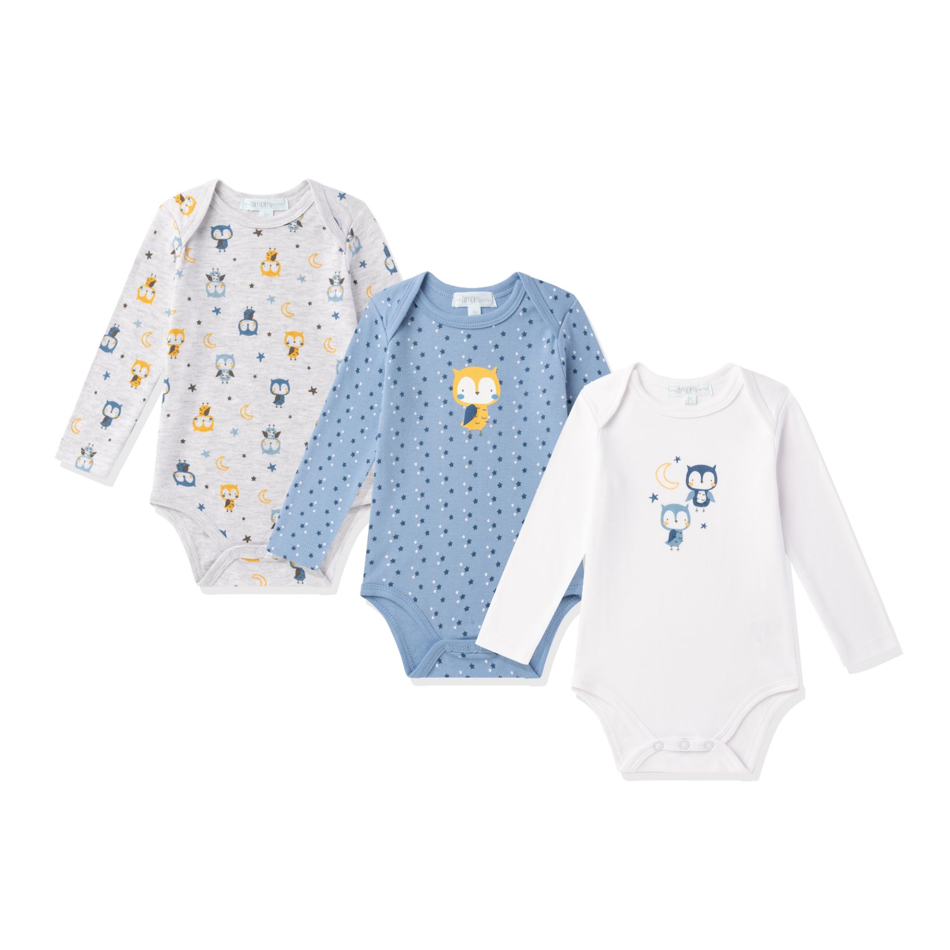 Três bodies de bebé com manga comprida, em cinza claro, azul e branco, com padrões e desenhos de animais.