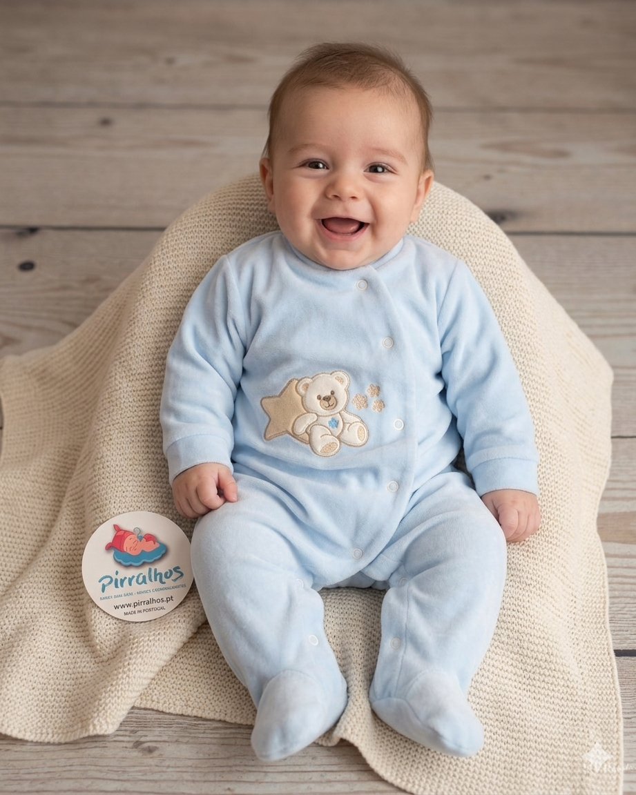 Macacão de bebé azul claro com ursinho bordado e manta bege