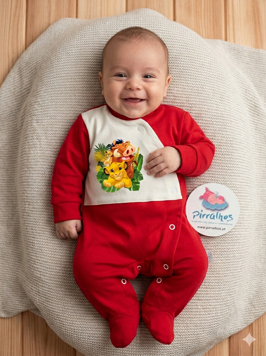Bebé a sorrir vestido com pijama vermelho com painel branco estampado com personagens do Rei Leão, deitado num almofadão bege