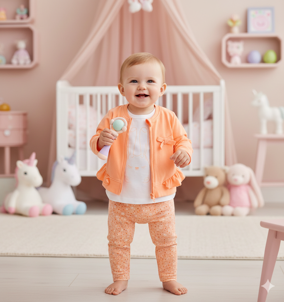 Bebé com roupas laranja e branca em quarto infantil colorido com brinquedos.