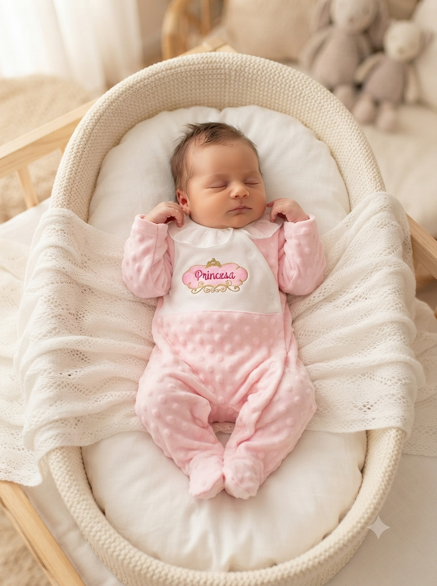 Bebé dormindo numa cesta com fato rosa e babete branco com texto Princesa