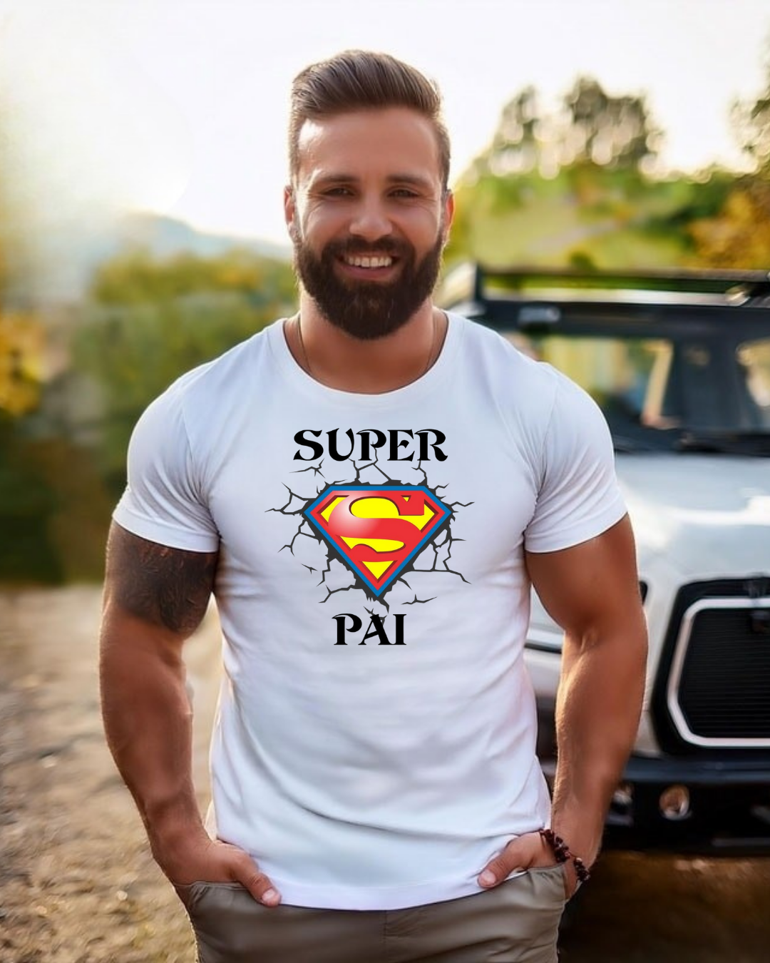 Homem com camiseta branca com emblema do Superman e texto 'SUPER PAI' ao ar livre