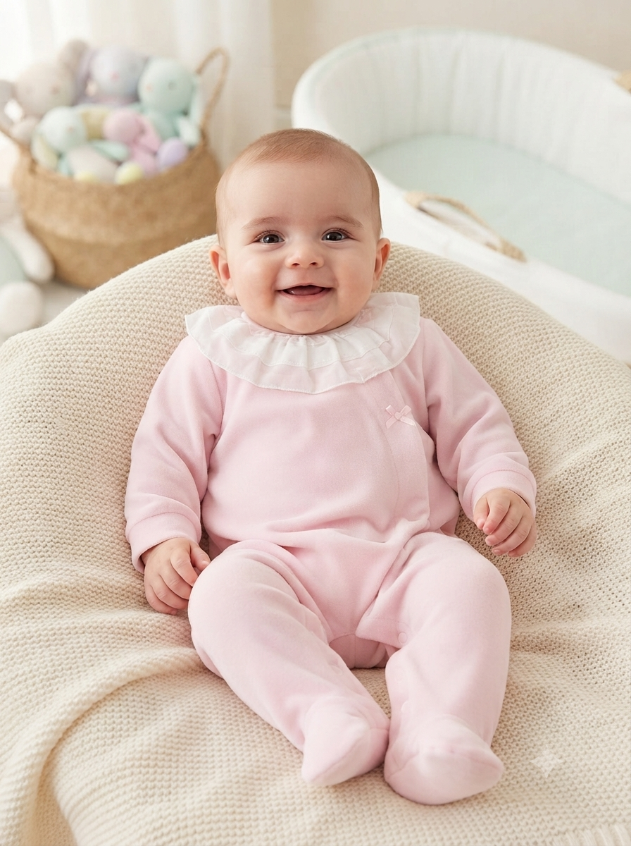 Bebé sorridente vestido com pijama rosa, sentado numa almofada bege de malha em quarto claro com cesta de brinquedos ao fundo