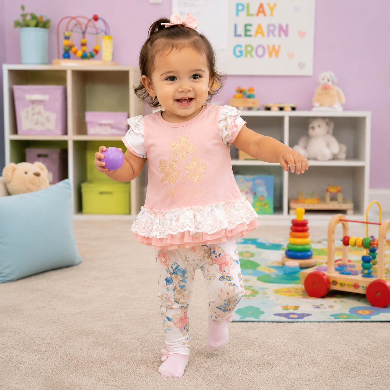Criança em roupa rosa e calças florais num quarto colorido com brinquedos