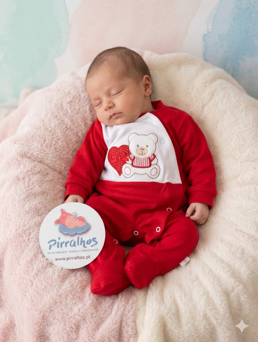 Bebé a dormir vestido com pijama vermelho e branco com estampa de urso e coração