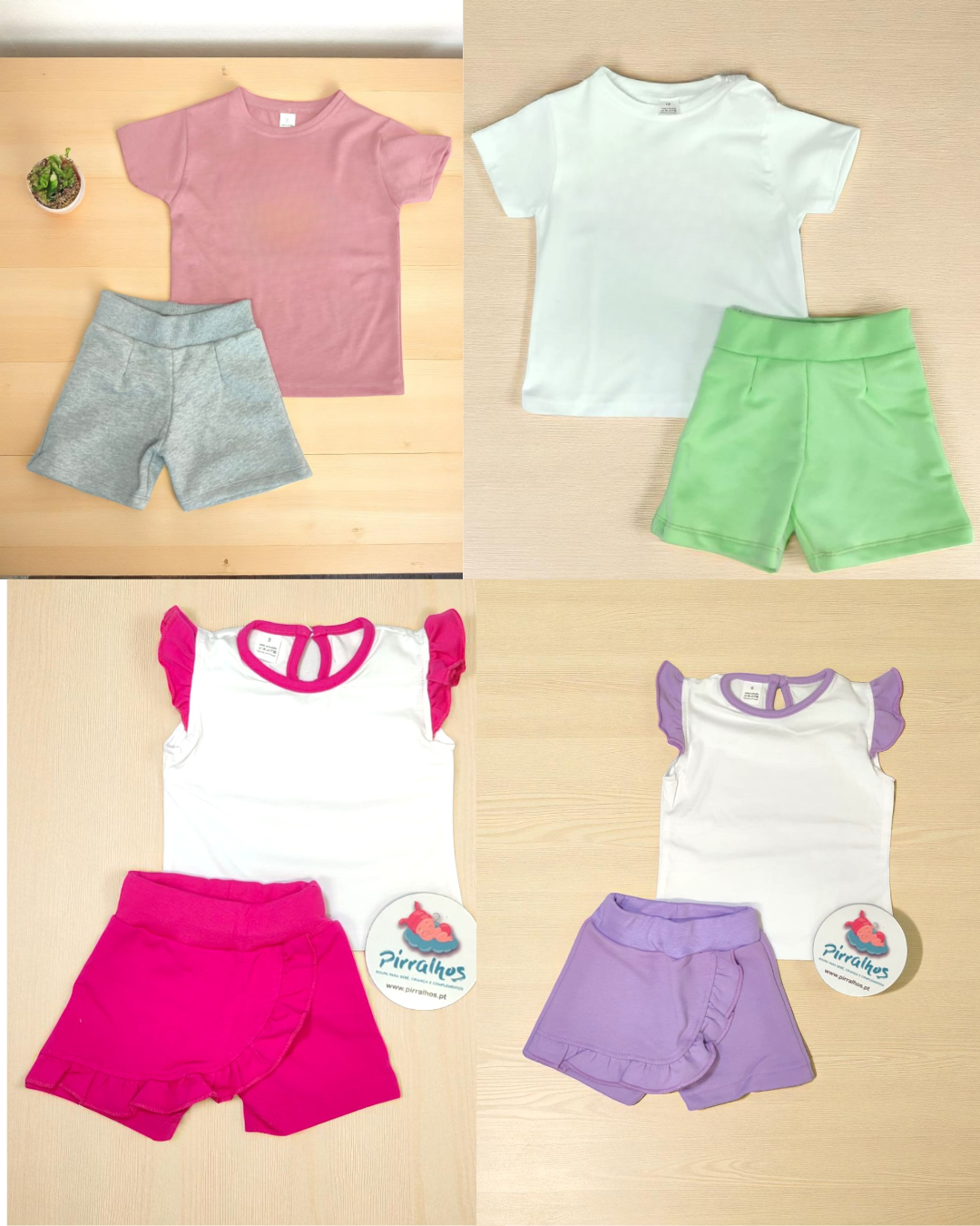 Quatro conjuntos infantis de roupa dispostos em fundo de madeira clara.