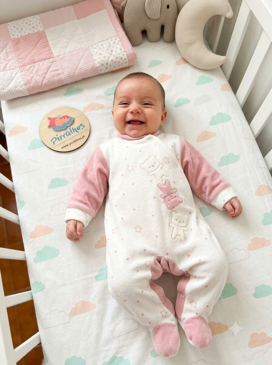 Bebé sorridente de macacão rosa e branco a deitar numa cama com lençol de nuvens e cobertor rosa e bege