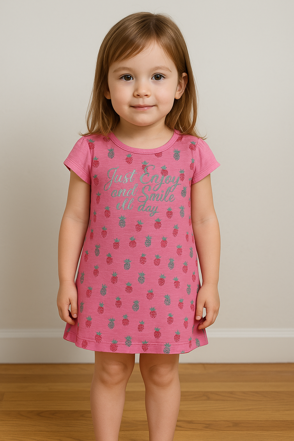 Vestido rosa com padrão de morangos e abacaxis e texto prateado para criança