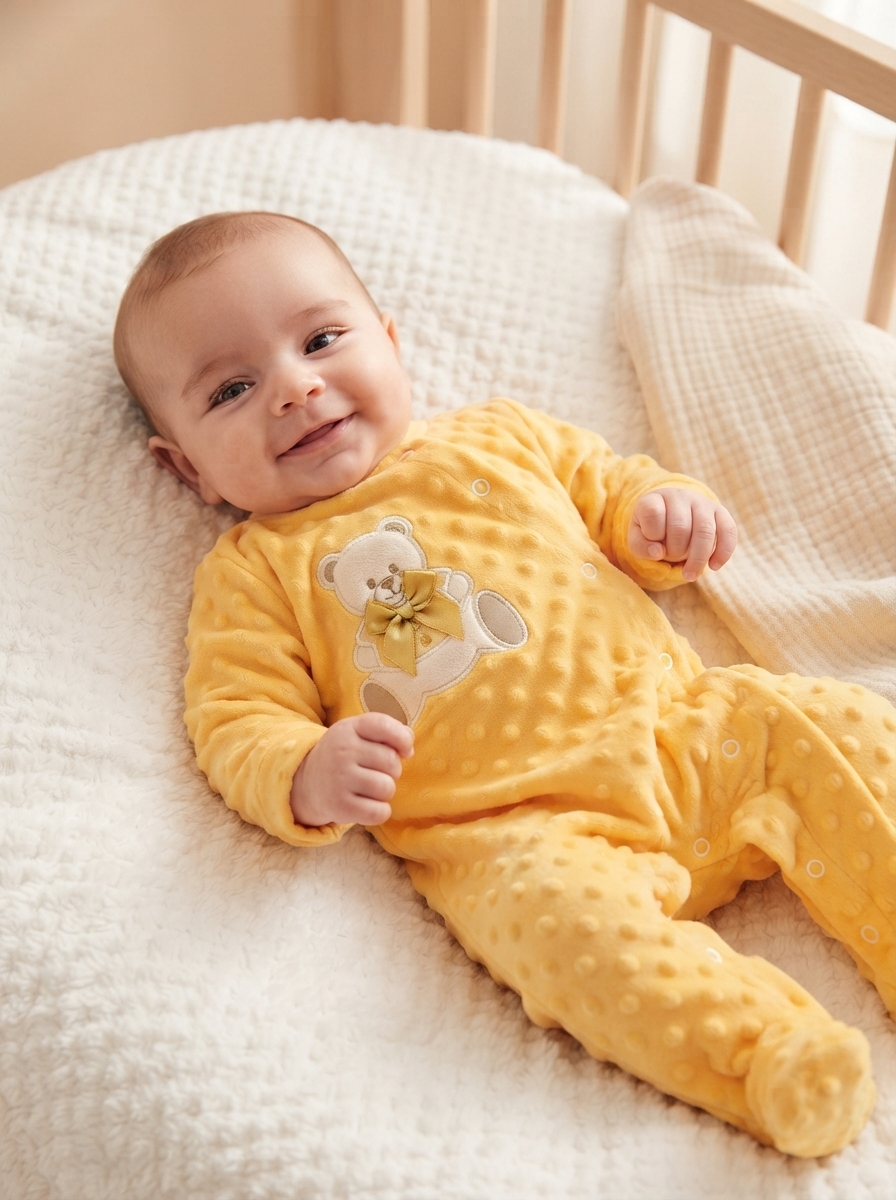 Bebé sorridente deitado em cama com fato amarelo texturizado com ursinho bordado.