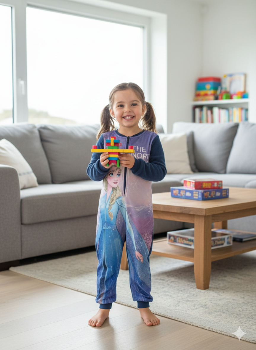 Macacão de criança com estampa Elsa e menina segurando blocos de construção dentro de casa