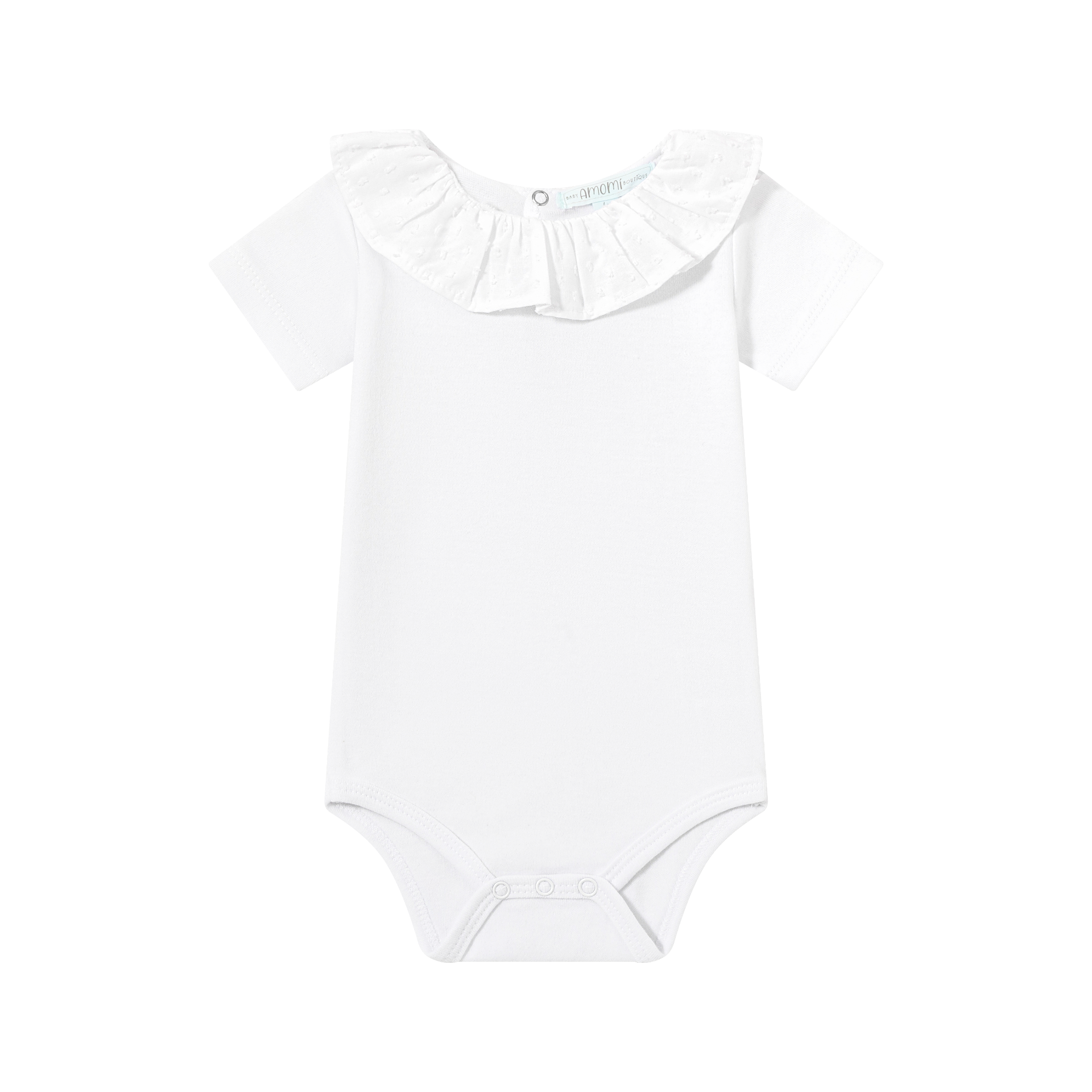 Body de bebé branco com folho na gola e mangas curtas