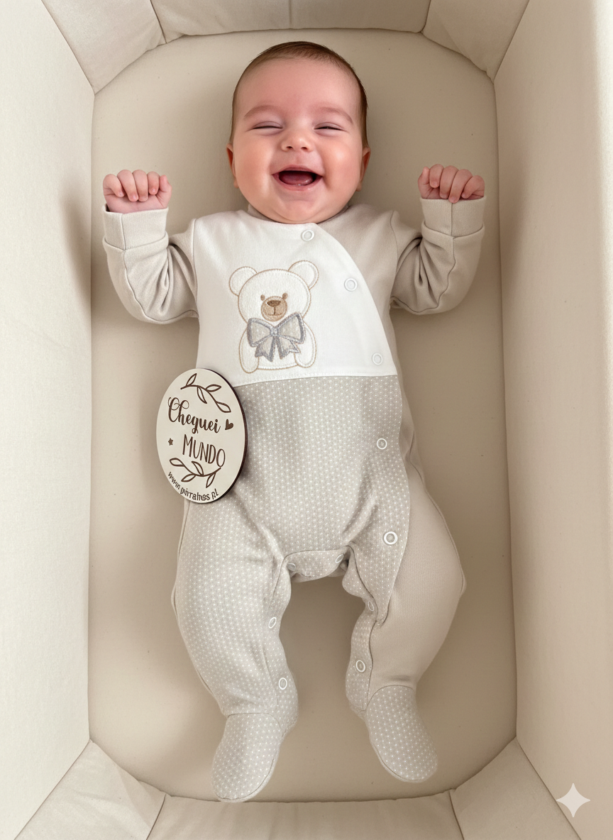 Bebé sorridente de macacão cinzento com bolinhas brancas e ursinho bordado, deitado numa almofada creme.