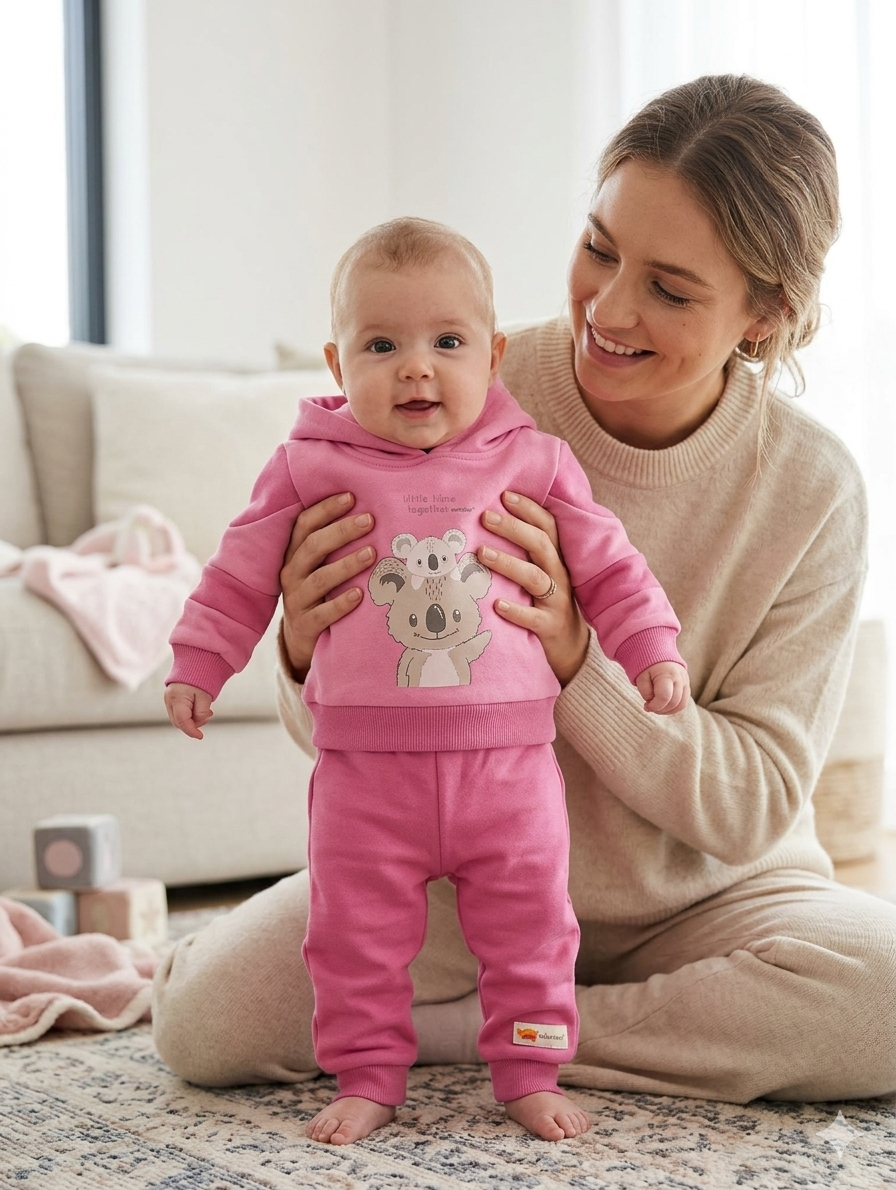 Bebé com roupa rosa com capuz e estampas de coalas, segurado por mulher sorridente em casa