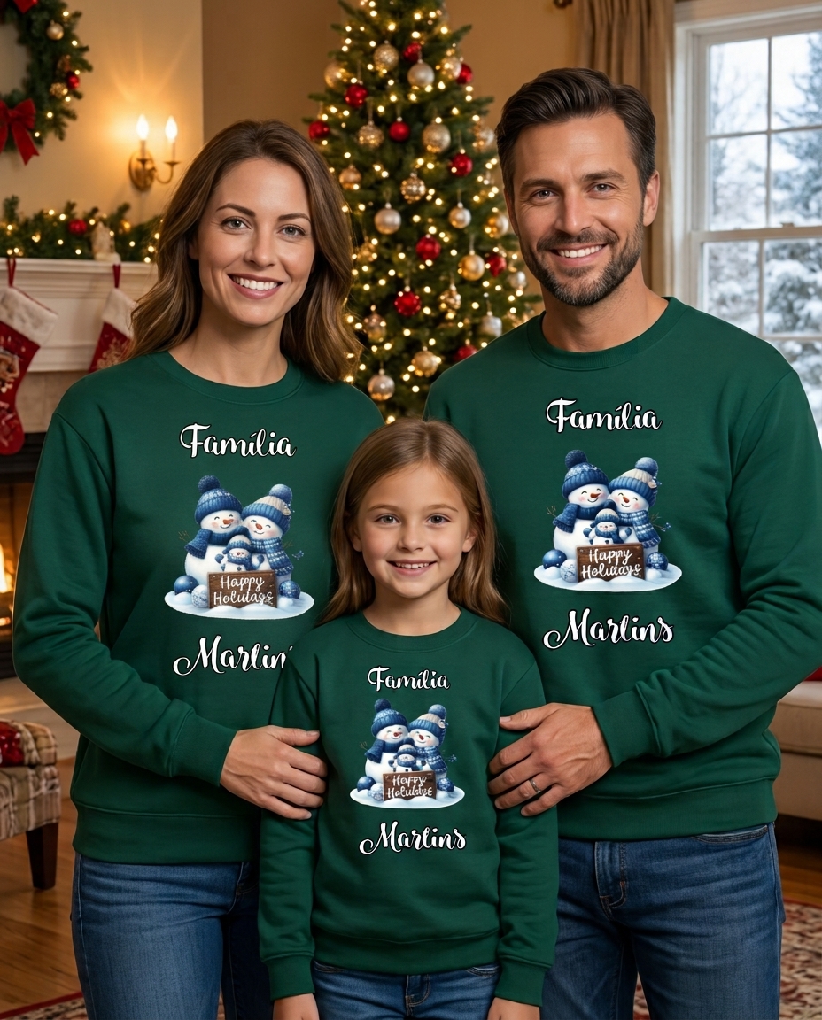 Família com camisolas verdes de Natal com bonecos de neve e texto em ambiente festivo.