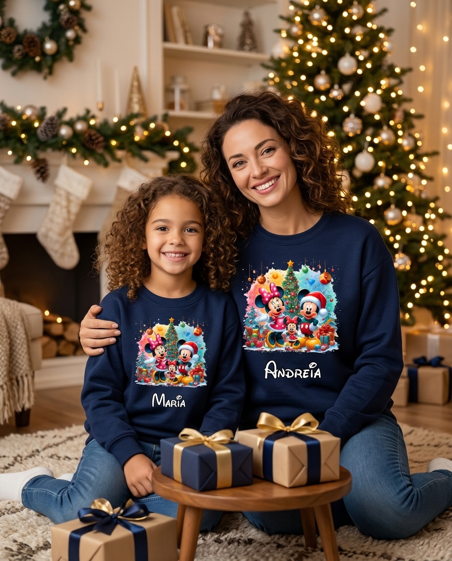 Pai e filha usando sweatshirts azuis com estampas de Natal de Mickey e Minnie e nomes personalizados sentados em sala de Natal com presentes.