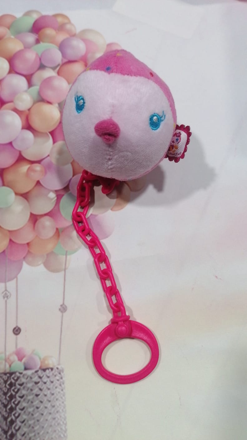 Chupeta para bebé com peluche de pássaro rosa e branco