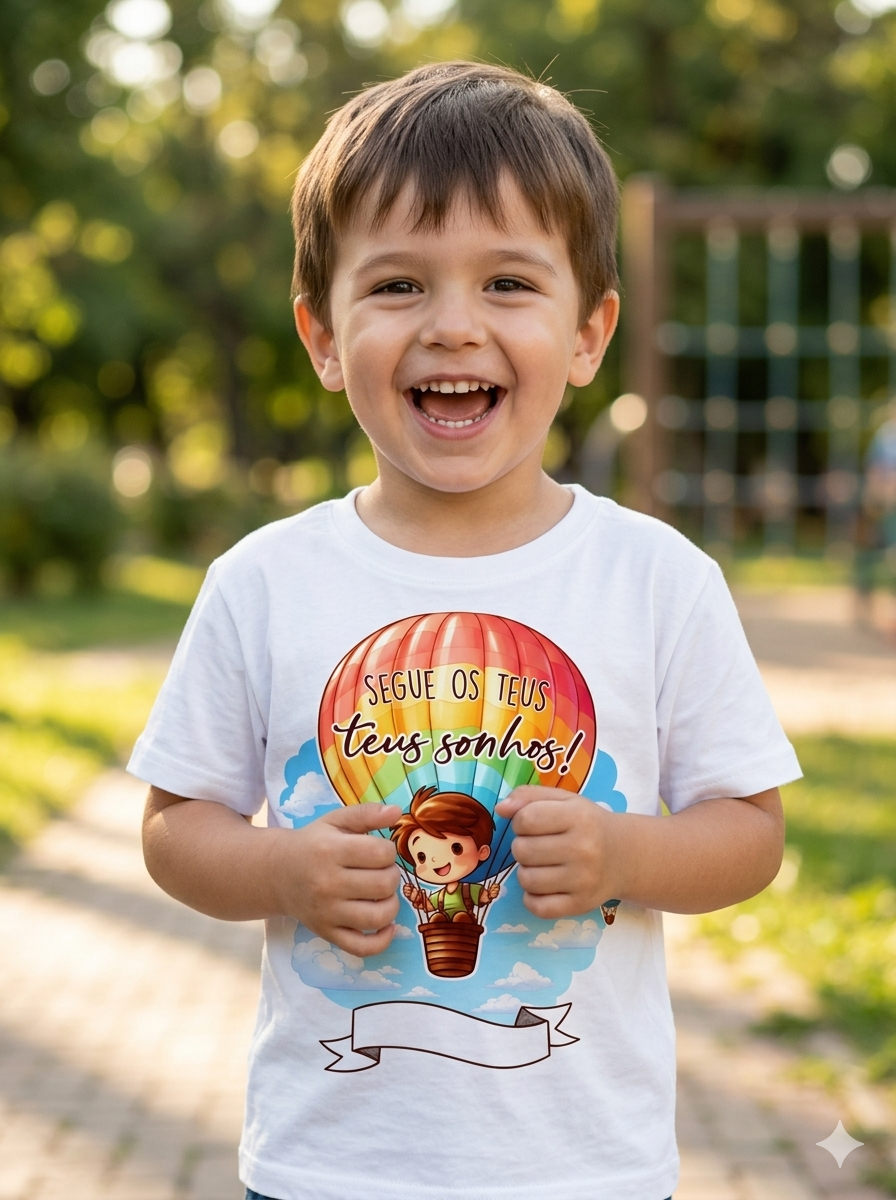 Camisola branca infantil com estampa de balão de ar quente e texto em português numa imagem ao ar livre.